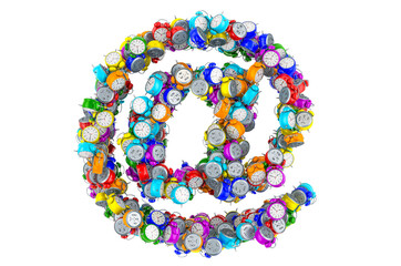 At sign, e-mail symbol from colored alarm clocks, 3D rendering