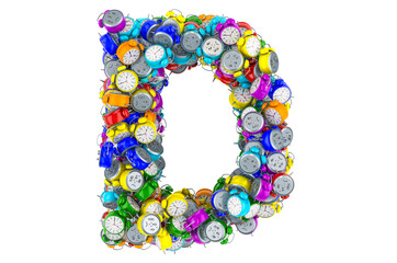 Letter D from colored alarm clocks, 3D rendering