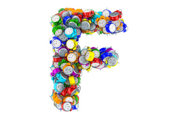 Letter F from colored alarm clocks, 3D rendering