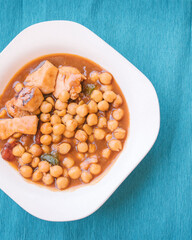 Mediterranean food concept. Food plate with chickpeas, vegetables and chicken pieces