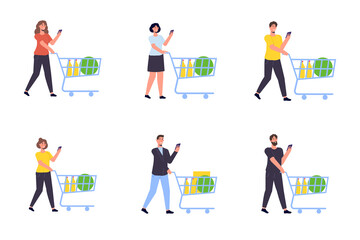 Character with a  grocery shopping cart. Vector isolated illustration