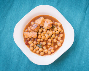 Mediterranean food concept. Food plate with chickpeas, vegetables and chicken pieces