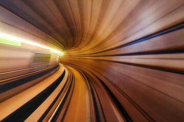 Riding the metro with motion blurred tube lines in tunnel