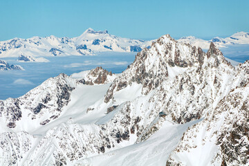 Aerial view of Chamonix valley mountains Montblanc in France in winter
