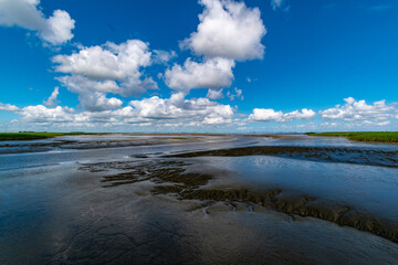 View of the Lower Saxony Wadden Sea at low tide in summer with blue sky and beautiful clouds