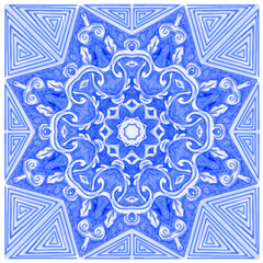 Azulejos - Portuguese tiles blue watercolor pattern. Traditional tribal ornament. Capri Maiolica