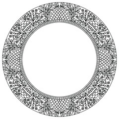 wreath with flowers and ornaments in folk style drawn on a white background for coloring, vector