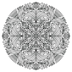 mandala with ornaments and flowers in folk style drawn on a white background for coloring, vector