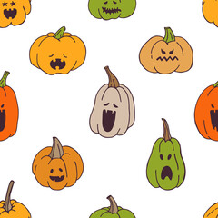 Seamless pattern with pumpkins with spooky faces. Design elements for Halloween party, textile, wallpaper, wrapping paper.