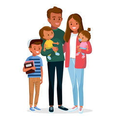 Portrait of afro american family of 5 five members parents with 3 three kids children. Father with boy son child on hands, Mather with girl daughter child on hands.