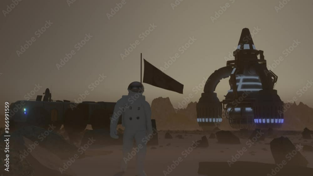 Wall mural astronaut on desolate mars like planet surface, with an all terrain vehicle parked in the background