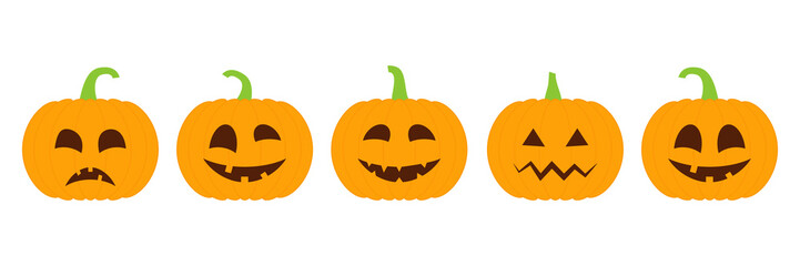 Set of Halloween pumpkins with emoji vector illustration isolated on white. Cute pumpkins collection for autumn holiday.