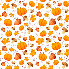 Autumn style seamless pattern with leaves and pumpkins