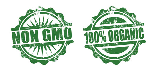 green stamp with non gmo and hundred percent organic inscription, vector illustration 