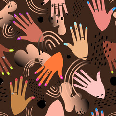 Seamless pattern with hands showing manicure and nail care abstract spots on brown background. Vector illustration.