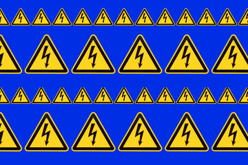 High voltage hazard sign. Yellow triangular mesh with a zipper in the center on a blue background.