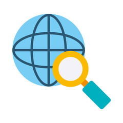 global sphere with magnifying glass icon, flat style