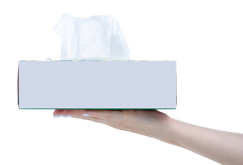 Hand holding white wipes tissue box on white background isolation