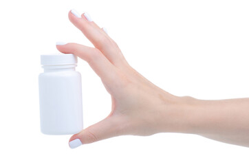 White jar with pills capsule medicine pharmacy in hand on white background isolation