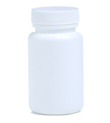 White jar with pills capsule medicine pharmacy on white background isolation