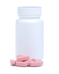 White jar with pink pills capsule medicine pharmacy on white background isolation