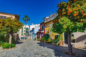 Spain, Palma de Mallorca, view of colorful houses in city center - 366996529
