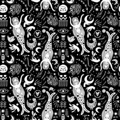 Naklejka premium Modern bohemian style, folk tribal art in the Scandinavian style. Folk mythology, Swedish folklore. animals and plants.