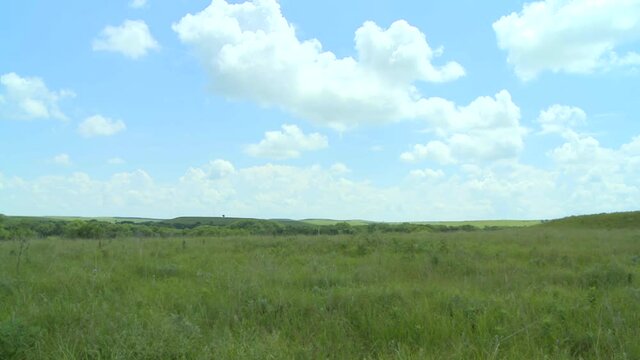 Time lapse of the Kansas prairie with clouds rolling by. Steam rises from the ground as the sun warms up the tall grass.