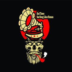 Music instrument t-shirt design, old culture disk music set, and retro old gramophone isolated on vintage type design