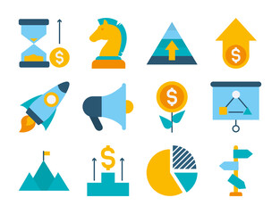 rocket and strategy icon set, flat style