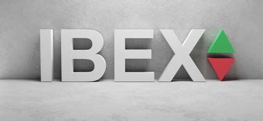 cgi render illustration of the white word IBEX, abbreviation for spanish stock market index, infront of a white concrete wall, up and down arrows
