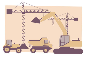 Construction site, construction machines. Flat vector illustration.