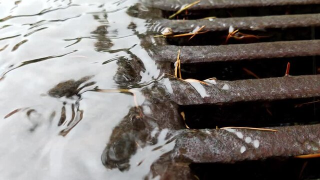 Rain falling on pavement
Spring rain is falling and drops of water are dripping in puddles
Rainwater running down a drain
Rainwater flows on the road and fall into the metal hatch with holes drain.
Ra