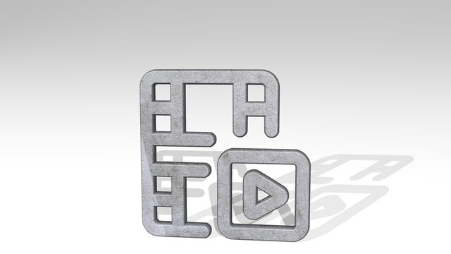 VIDEO EDIT PLAY made by 3D illustration of a shiny metallic sculpture casting shadow on light background. camera and icon