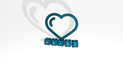 3D representation of heart with icon on the wall and text arranged by metallic cubic letters on a mirror floor for concept meaning and slideshow presentation. illustration and background