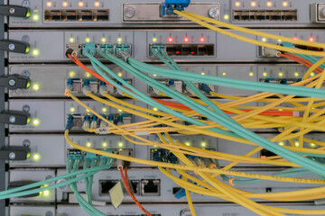 Fiber optic data transmission wires. Modern cable internet connection. There are high speed central...