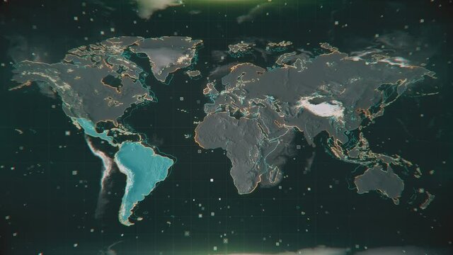 Scanning a Textured Illuminated Latin America Map. Glowing Latin America on textured Earth map with highlighted contours and visual hud elements. Technological futuristic space view of the World map.