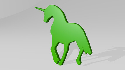 UNICORN made by 3D illustration of a shiny metallic sculpture with the shadow on light background. cute and cartoon