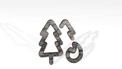 trees camp fire casting shadow with two lights. 3D illustration of metallic sculpture over a white background with mild texture. beautiful and forest