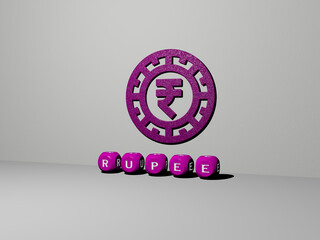 3D illustration of RUPEE graphics and text made by metallic dice letters for the related meanings of the concept and presentations. indian and currency