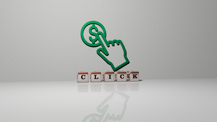 3D graphical image of click vertically along with text built by metallic cubic letters from the top perspective, excellent for the concept presentation and slideshows. illustration and icon