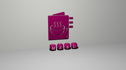 3D graphical image of menu vertically along with text built by metallic cubic letters from the top perspective, excellent for the concept presentation and slideshows. illustration and background