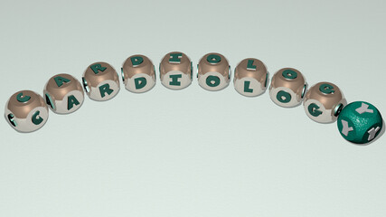 CARDIOLOGY combined by dice letters and color crossing for the related meanings of the concept. heart and illustration