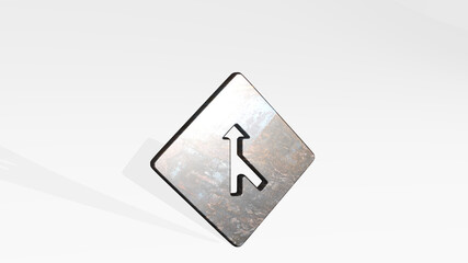 ROAD SIGN SIDE ROAD ANGLE RIGHT casting shadow with two lights. 3D illustration of metallic sculpture over a white background with mild texture. city and car
