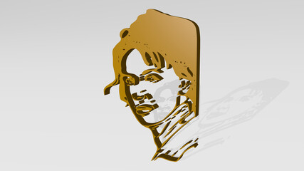 WOMAN PORTRAIT made by 3D illustration of a shiny metallic sculpture with the shadow on light background. beautiful and young