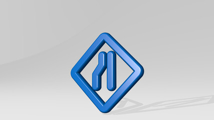 road sign lane narrowing left stand with shadow. 3D illustration of metallic sculpture over a white background with mild texture. city and car