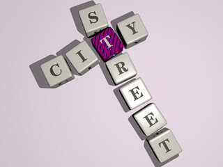 city street combined by dice letters and color crossing for the related meanings of the concept. architecture and building