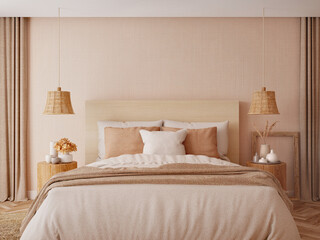 Bedroom interior.Beige tones design.3d rendering