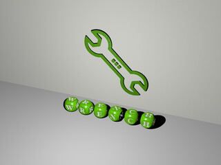 3D graphical image of WRENCH vertically along with text built by metallic cubic letters from the top perspective, excellent for the concept presentation and slideshows. illustration and icon