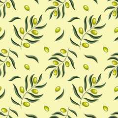 Seamless pattern background of branches of olives on a green background. background design for fashion, interior or textile. Vector, illustration
